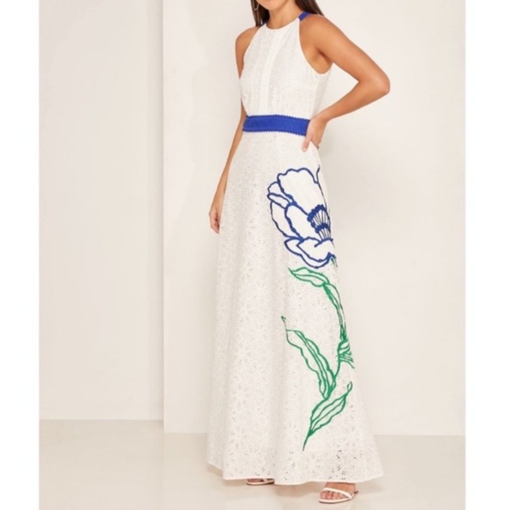 FOXIEDOX  high neck, embroidered white eyelet maxi